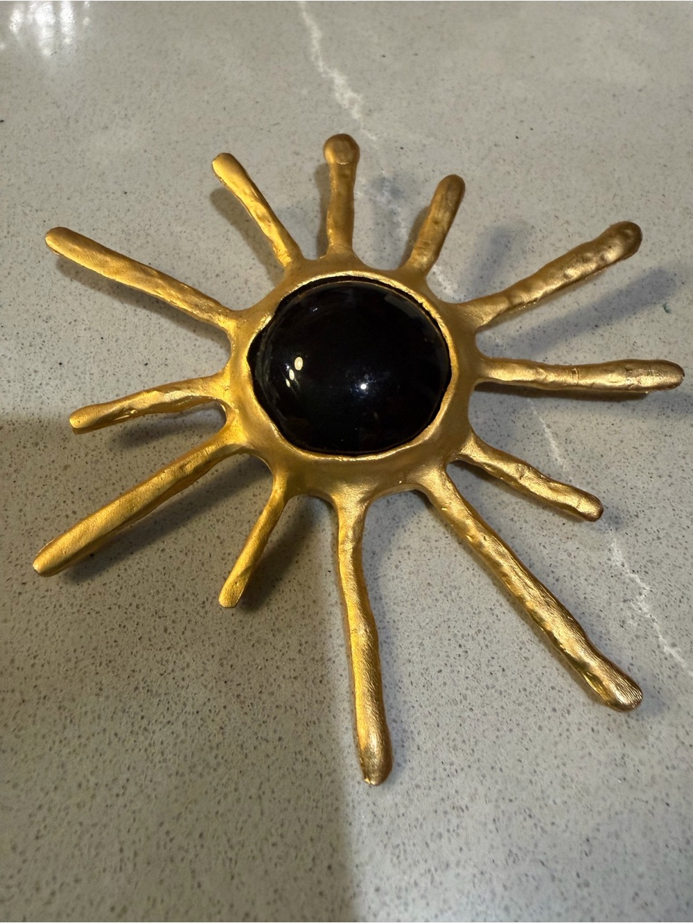 Vintage Style Modernist Sunburst Brooch Black Cabochon Gold Tone 3.75โ